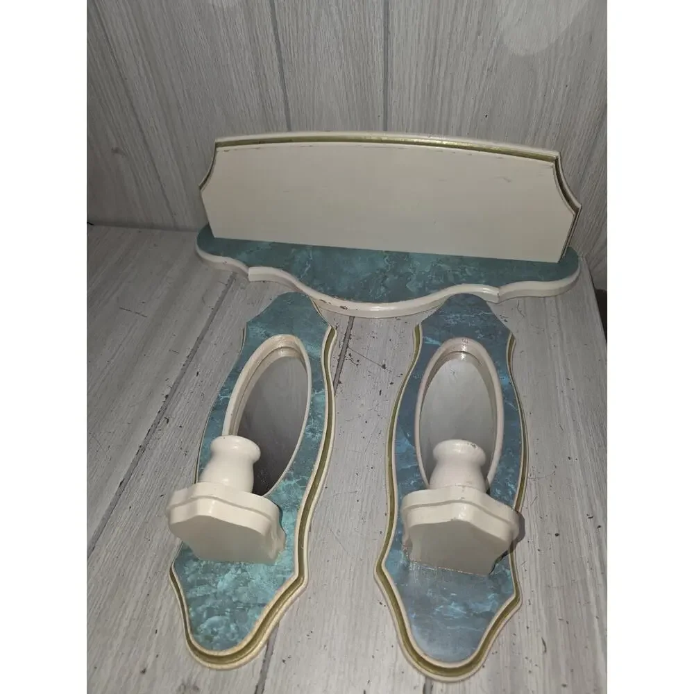 Vintage Mirrored Sconces & Shelf Marbled Green White Scalloped Heritage MCM